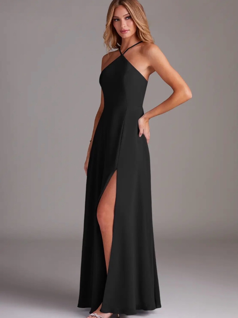Azazie Bailey Black A-Line Halter Side Slit Chiffon Dress